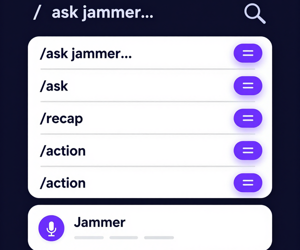 AI Jammer slash-command interface showing /ask, /recap, /action commands and a live AI response panel