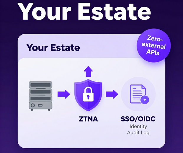 Sovereign AI data residency architecture showing on-premises node, ZTNA tunnel, SSO/OIDC identity, audit log, and estate perimeter boundary
