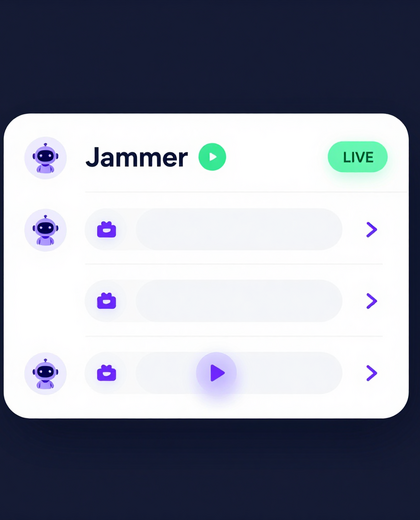 AI Jammer in-meeting command panel showing participant sidebar, Jammer tile with LIVE indicator, and live transcript